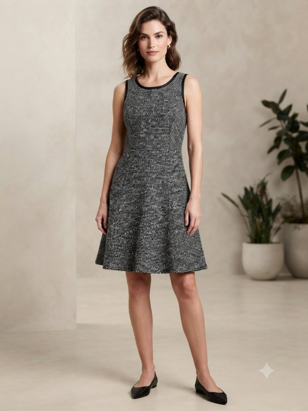 J.Crew Boucle Tweed Fit & Flare Dress Size 0 Black White Wool Blend Silk Trim